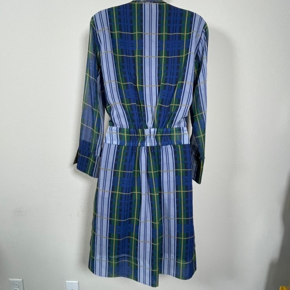 Gretchen Scott Shirt Dress L Blue Green Dark Academia Modest Plaid Belted Pocket - Picture 7 of 12